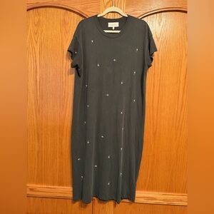 THE GREAT. Black Midi Dress with Pink Embroidery